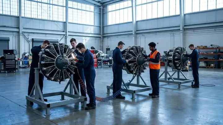 A row of aviation maintenance students working on training engines mounted on stands in a school hangar