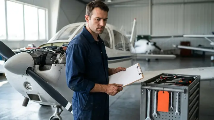 A mechanic reviewing a maintenance logbook on a clipboard beside a small aircraft engine with the cowling propped open in a hangar