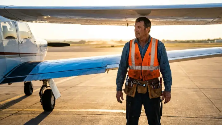 A mechanic with a tool belt standing under an aircraft wing on the ramp at golden hour