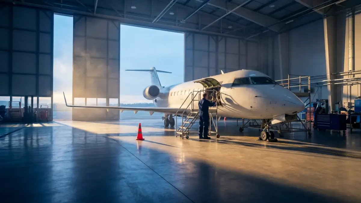A mechanic inspecting a regional jet's open access panel inside a hangar at dawn with sunrise light through the bay doors