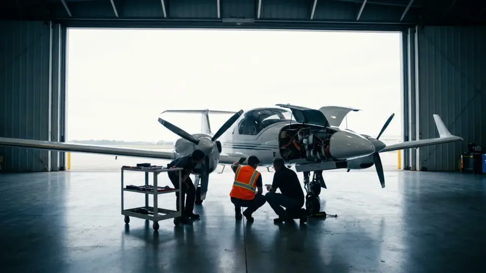 Two mechanics and an instructor working around a twin-engine training aircraft with its engine cowling open inside a sunlit hangar