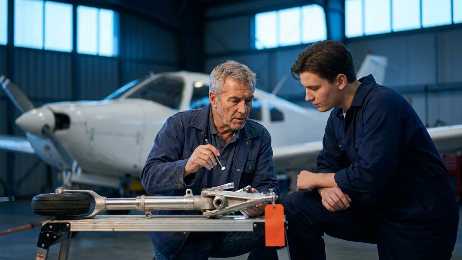 A designated mechanic examiner and a candidate examining an aircraft landing gear component with an inspection tag