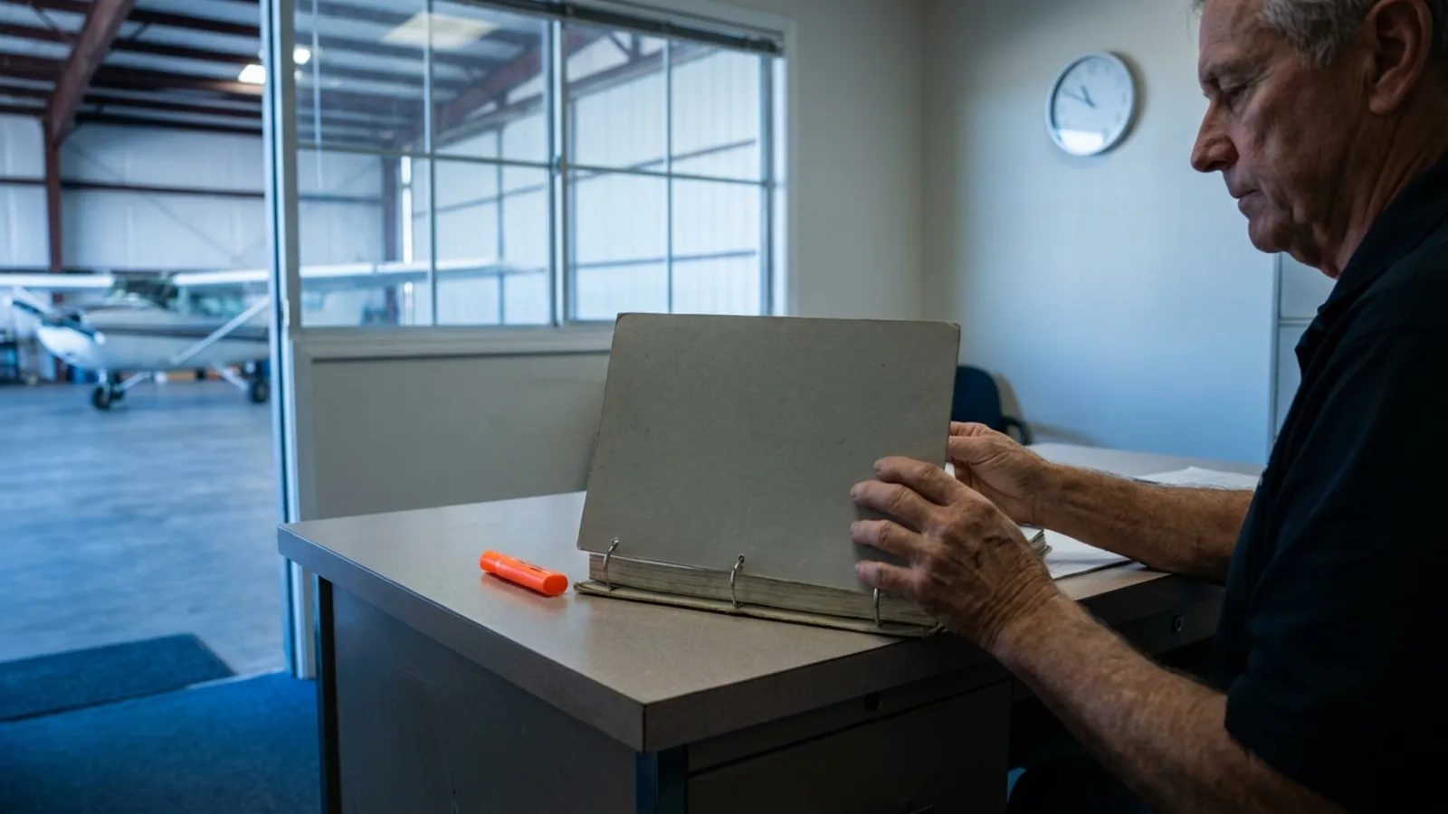 An instructor at a school office desk reviewing a blank ring-bound hour-tracking logbook beside a wall clock