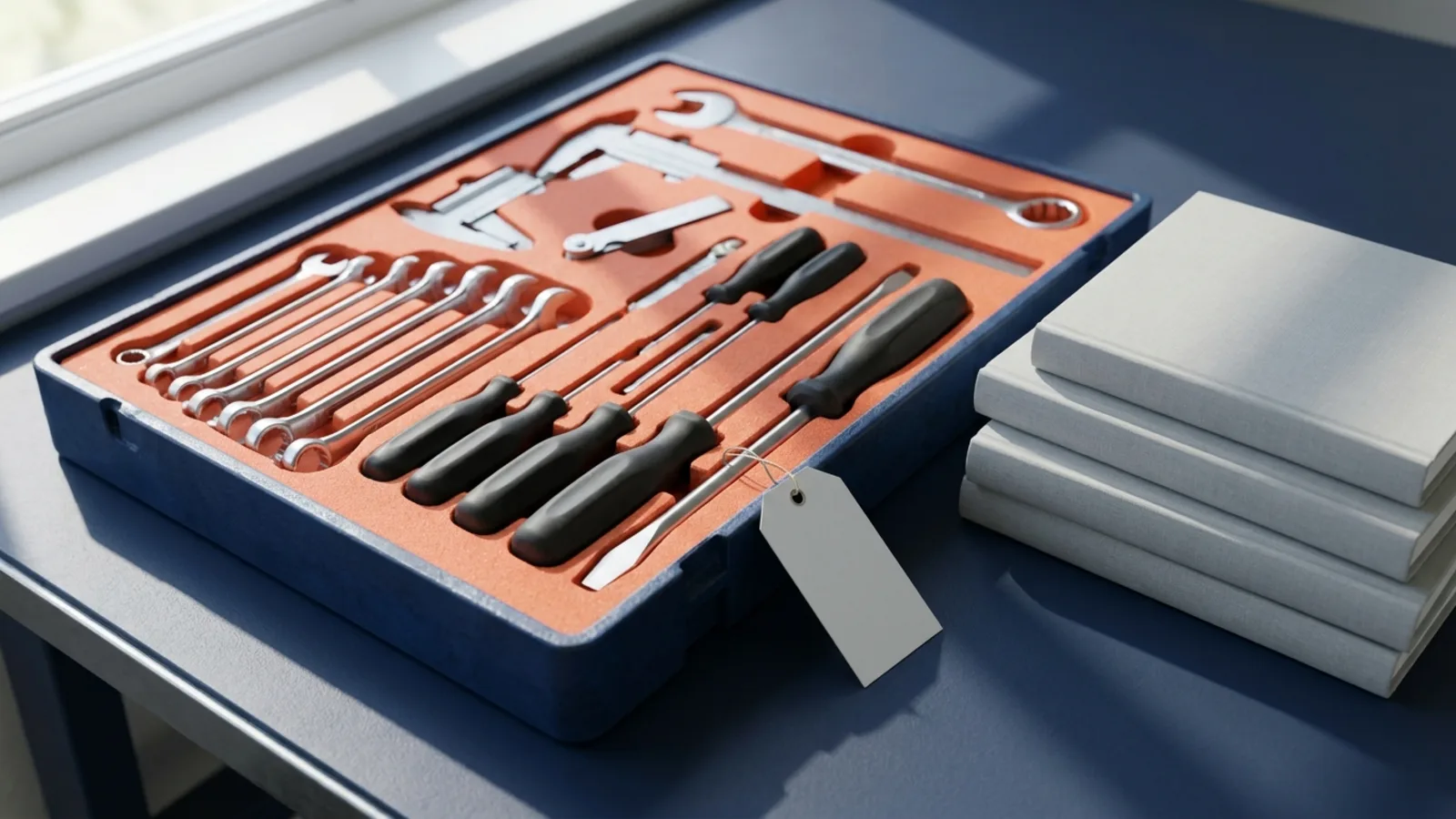 A starter mechanic tool kit in a foam tray next to a stack of plain textbooks on a workbench