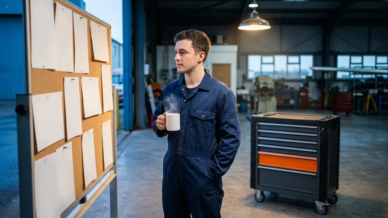 An apprentice mechanic reading a hangar bulletin board of posted openings while holding a coffee cup