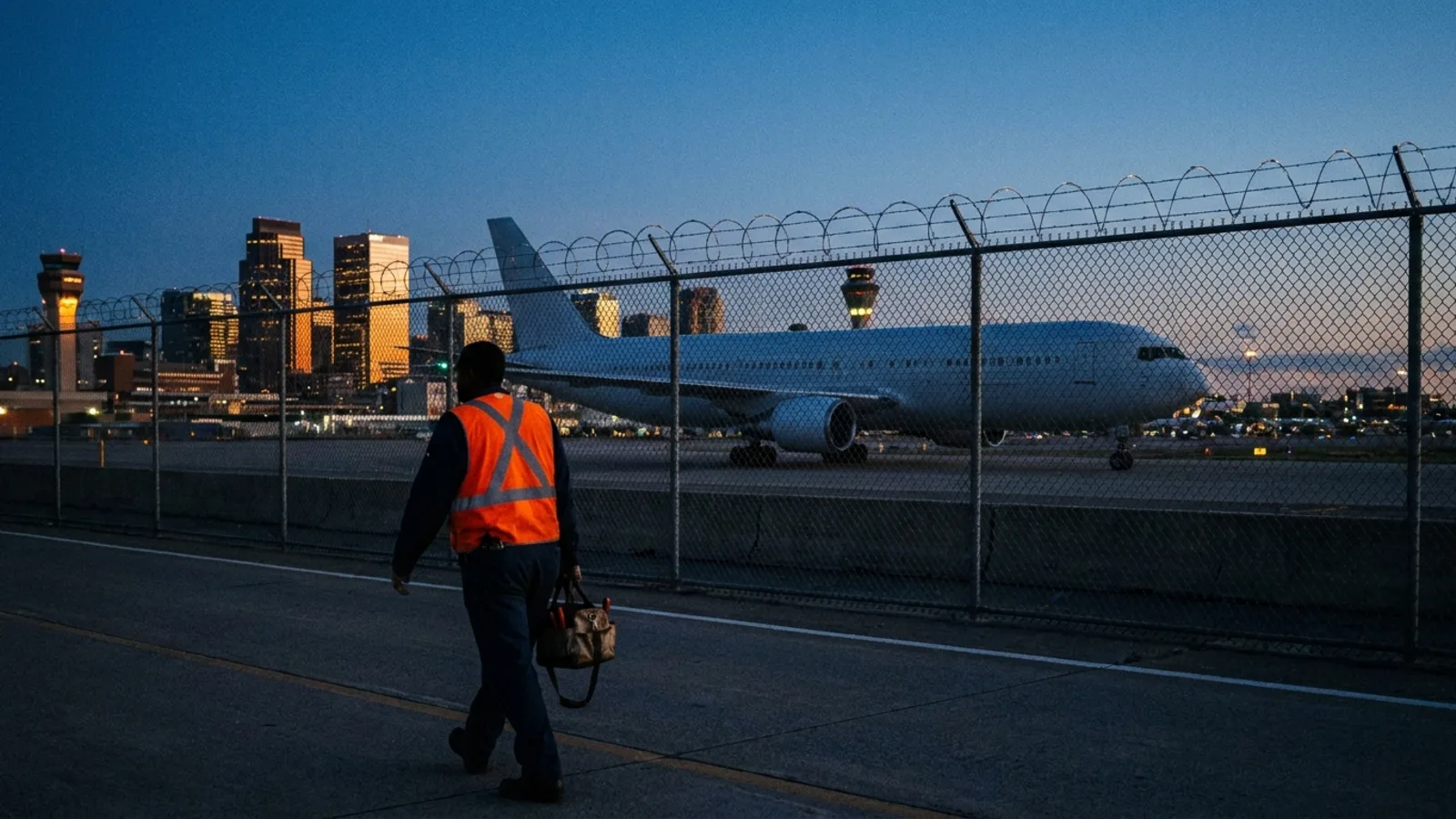 A mechanic walking along an airport ramp fence line at dusk with a city skyline glowing in the background