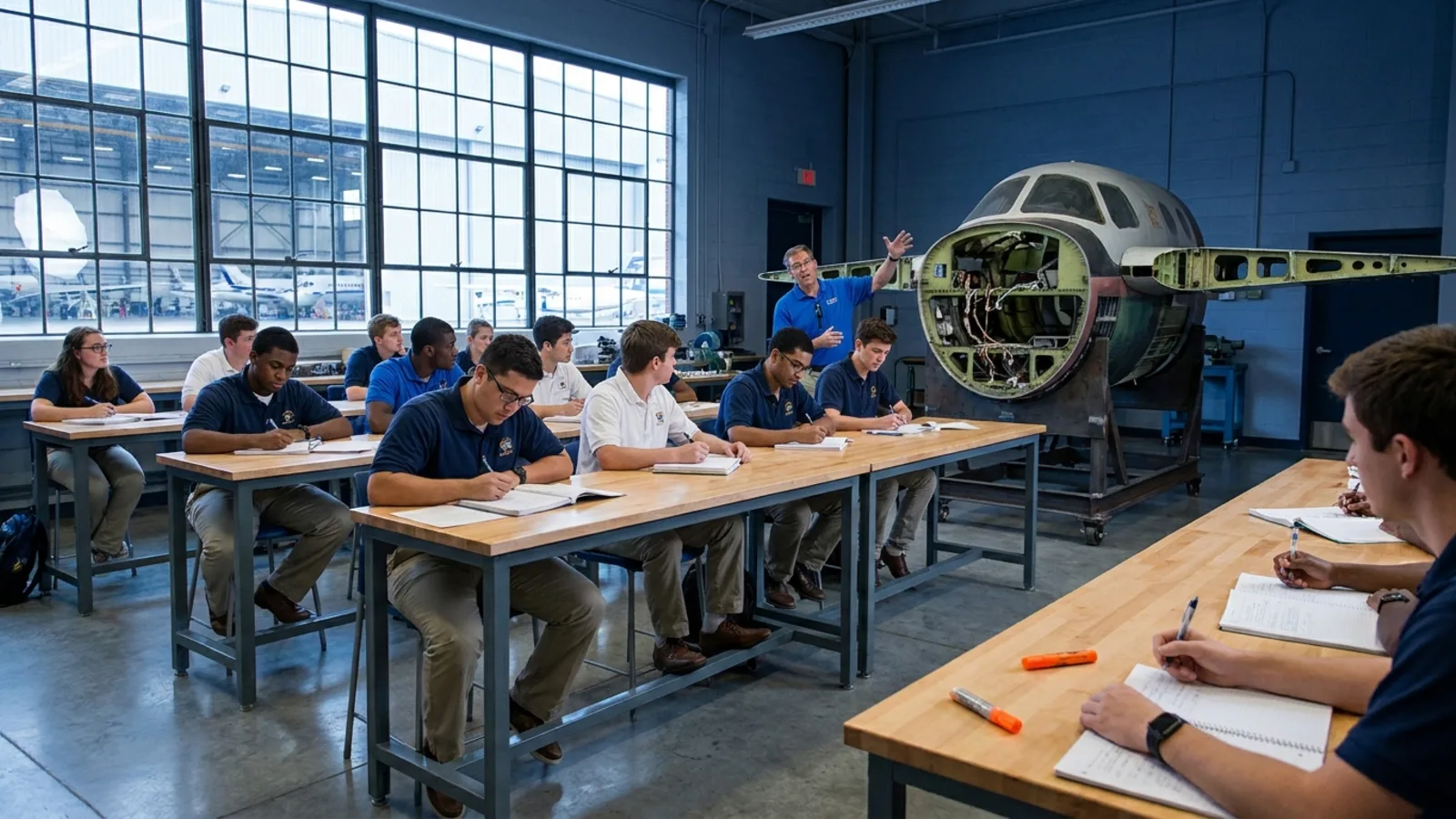Students in a classroom take notes as an instructor gestures toward a composite aircraft structure cutaway model