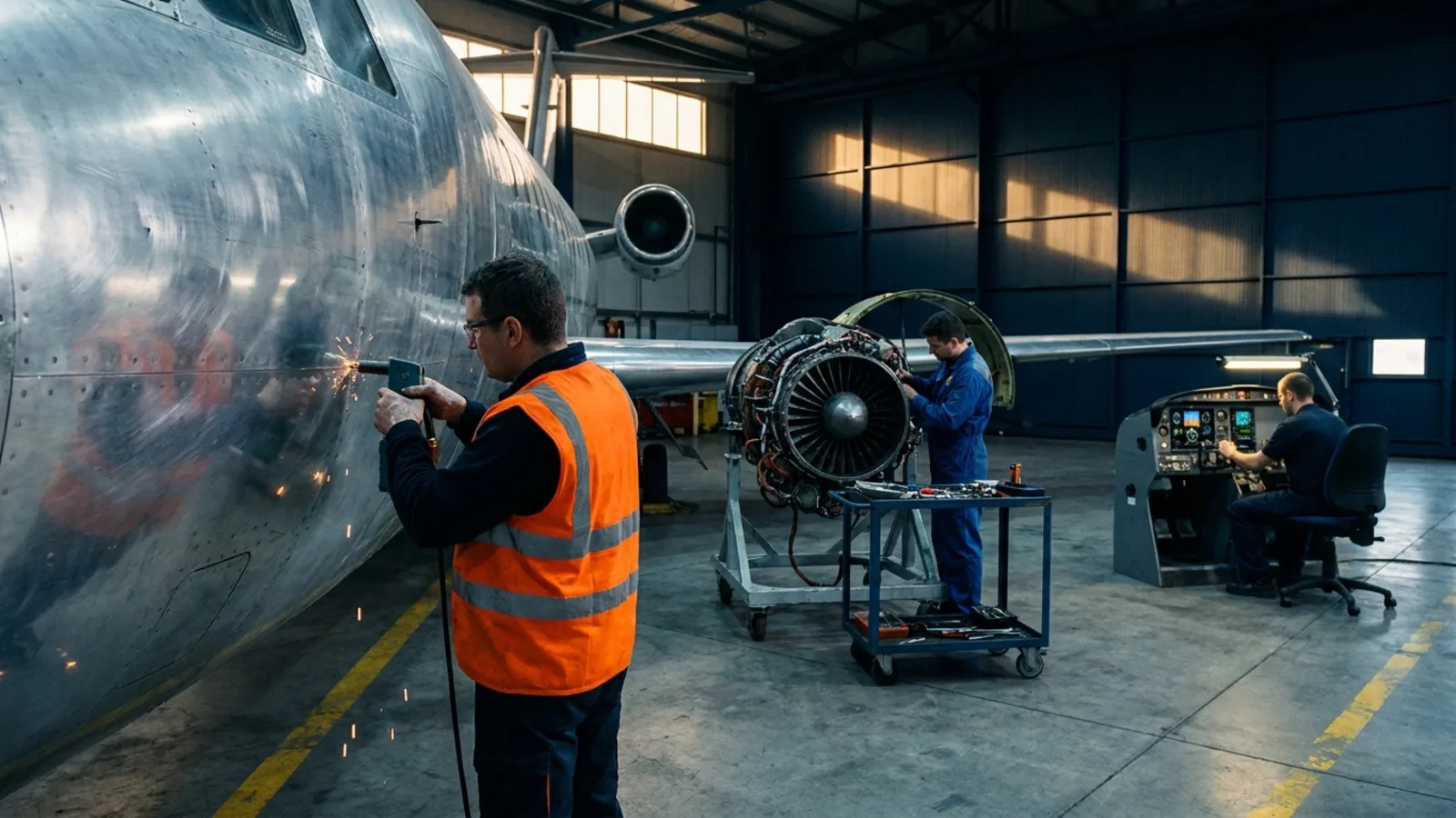 Three mechanics working in the same hangar on airframe skin, an open engine, and a cockpit panel