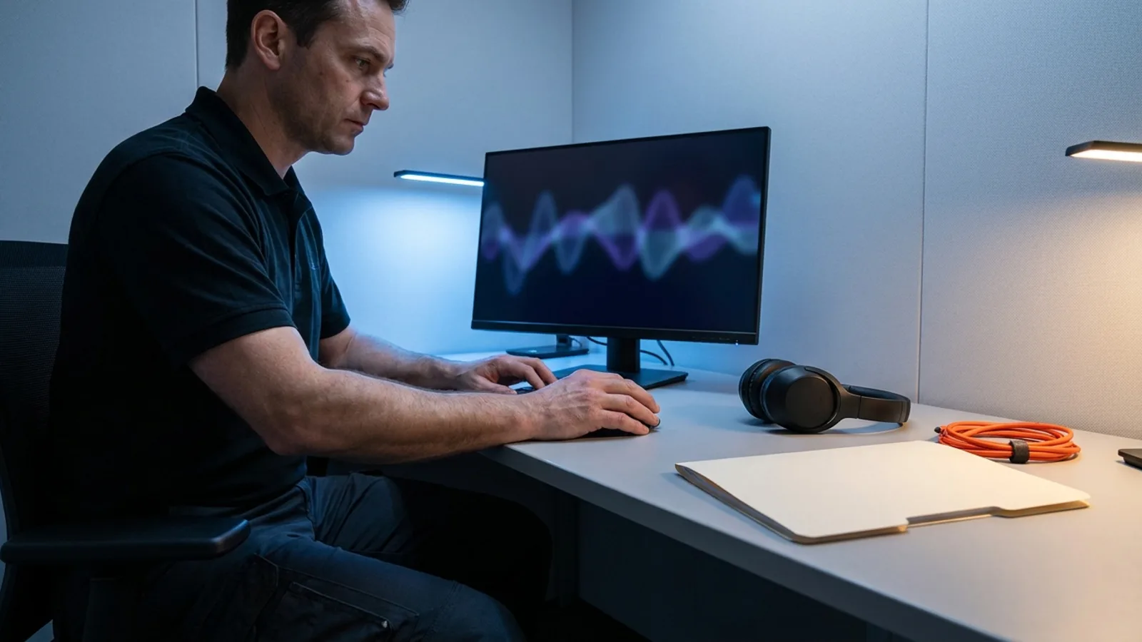 A technician taking a certification exam at a desk with a waveform on screen and a closed folder nearby