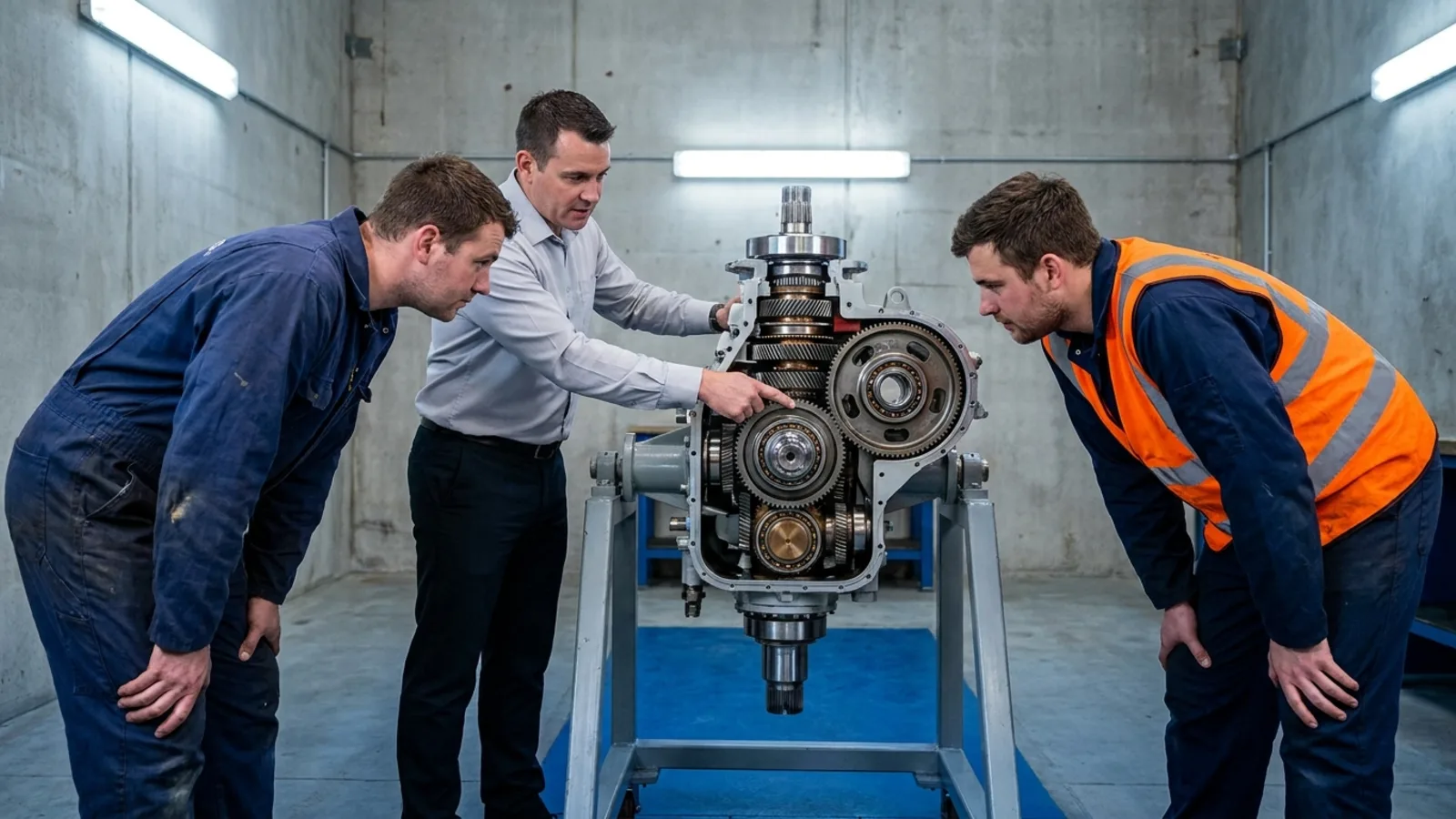 An instructor pointing into an exposed helicopter transmission gear train while two mechanics look on