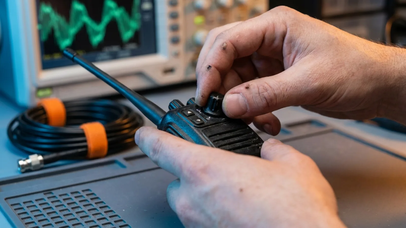 A technician's hands adjusting a handheld radio on a test bench next to an oscilloscope showing a waveform