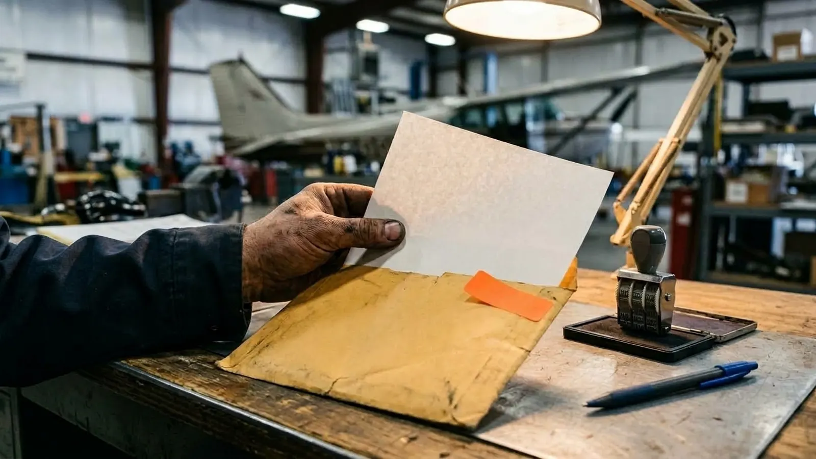 A hand sliding a blank application form into a manila envelope beside a date stamp and pen