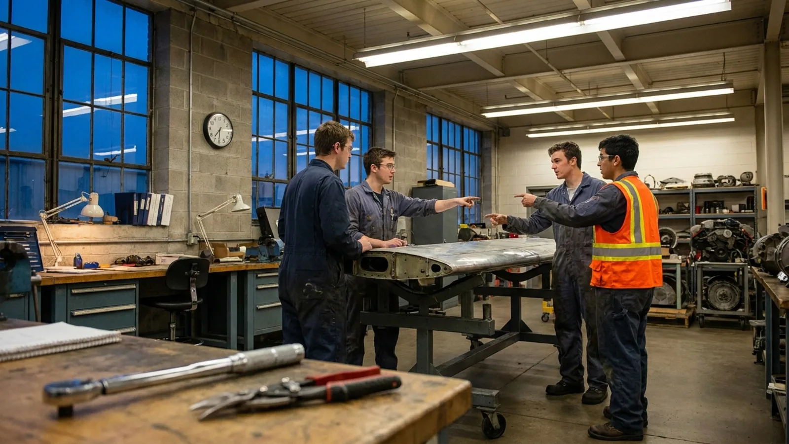 A small evening class of students in coveralls working around a wing section as dusk shows through the shop windows