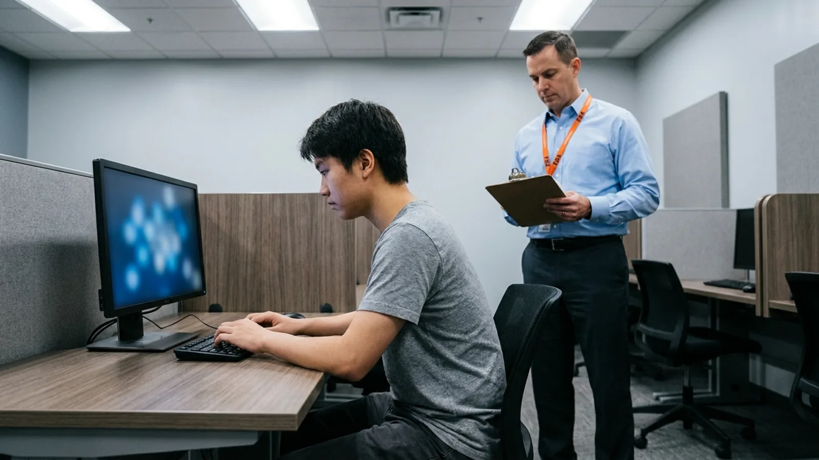 A student taking a computerized knowledge exam at a testing center while a proctor reviews a clipboard nearby