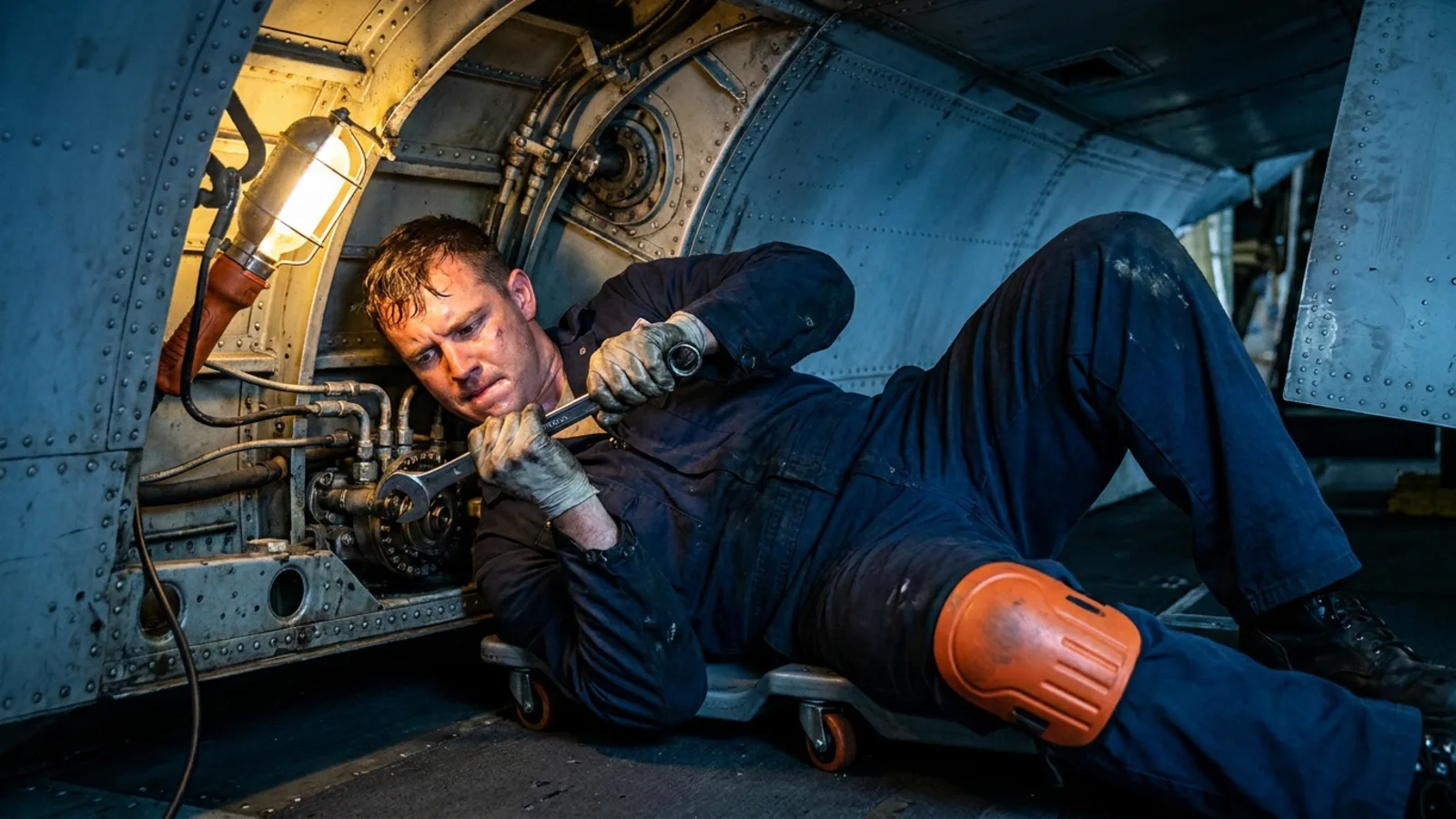 A mechanic straining to reach a fitting inside a tight aircraft wheel well while lying on a creeper