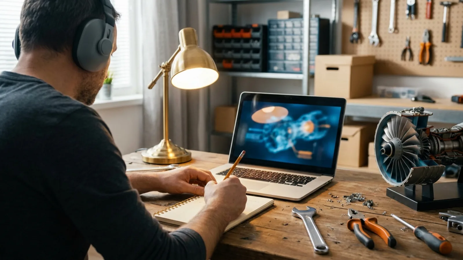 A student taking notes in a home workshop while a laptop shows a lecture diagram beside real hand tools