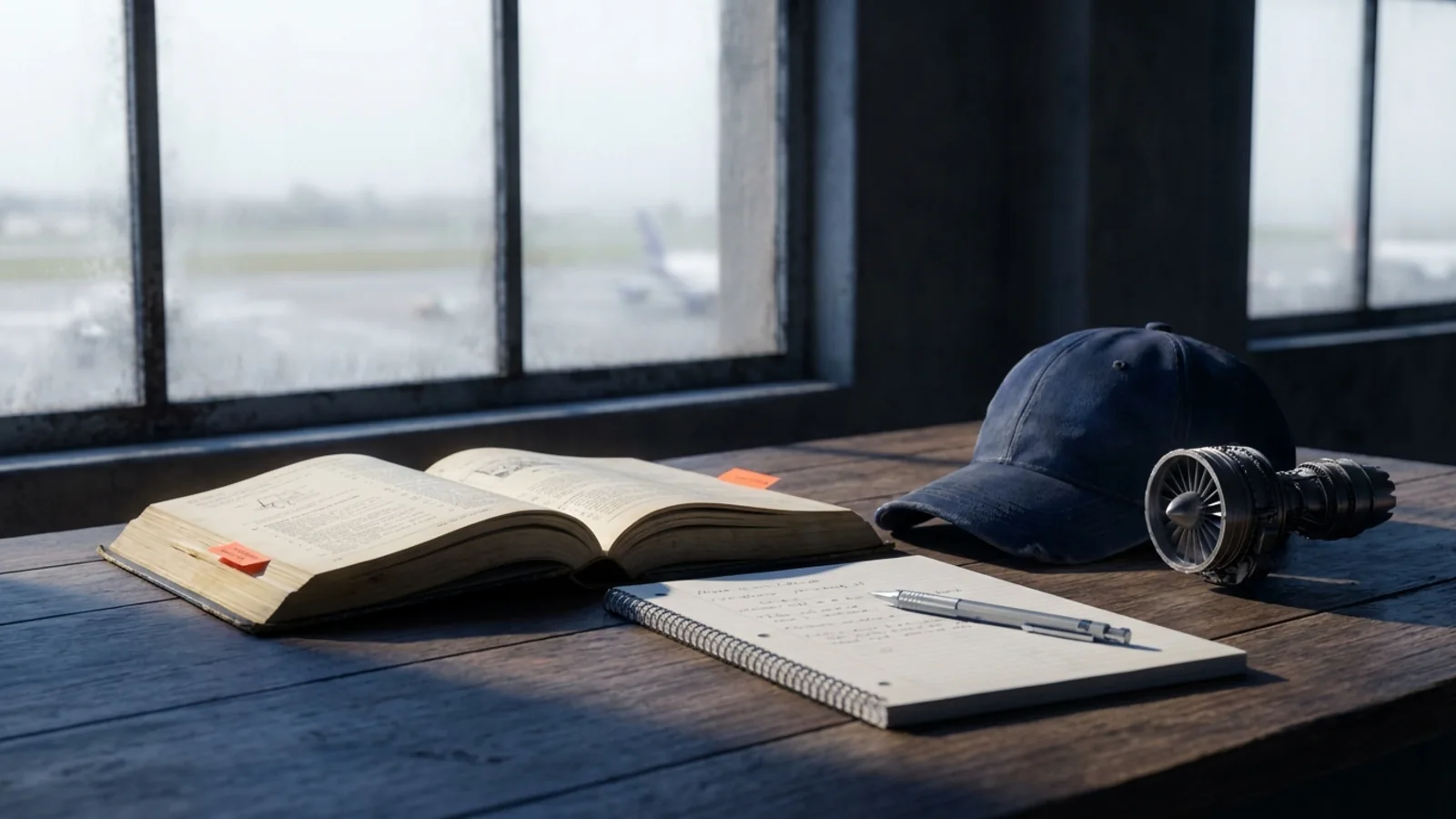 An open aircraft maintenance manual, a notebook, and a mechanic's cap on a desk beside a hangar window