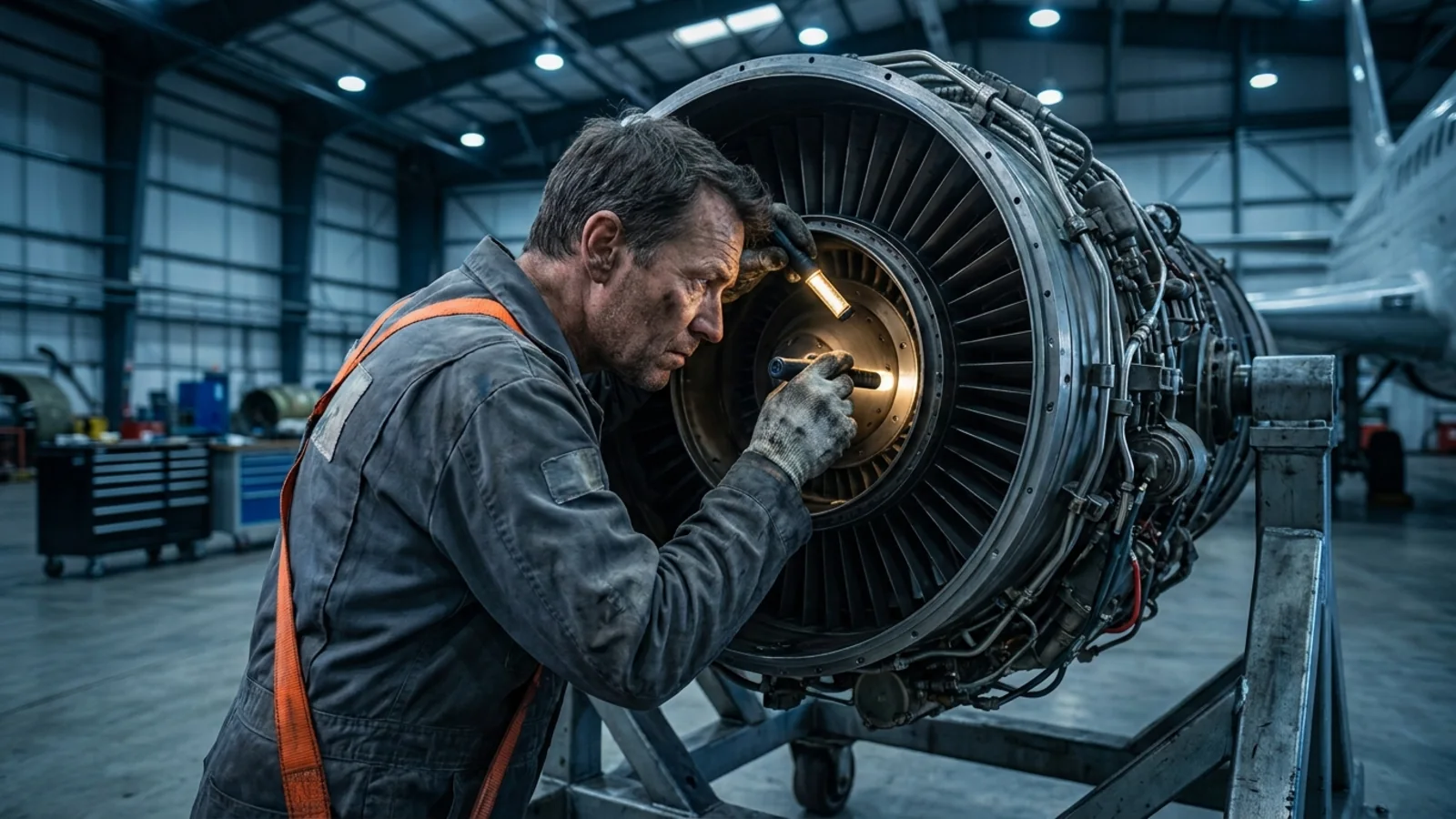 A mechanic inspecting the open turbine core of a jet engine on a maintenance stand with an inspection light