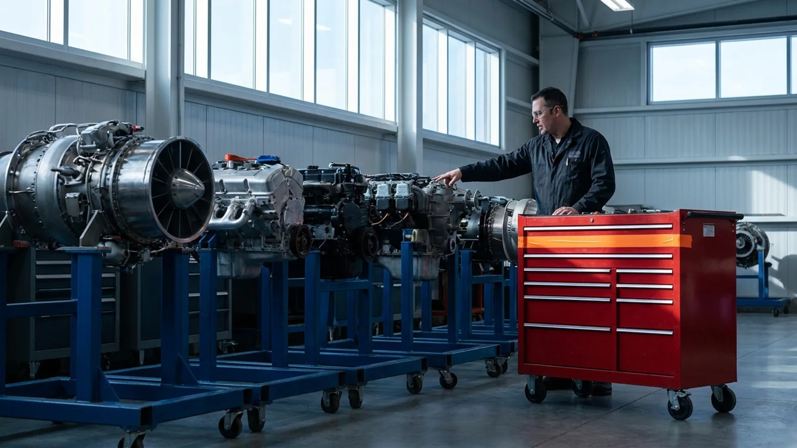 An instructor pointing out a training engine mounted on a stand in a row of student turbine and piston engines