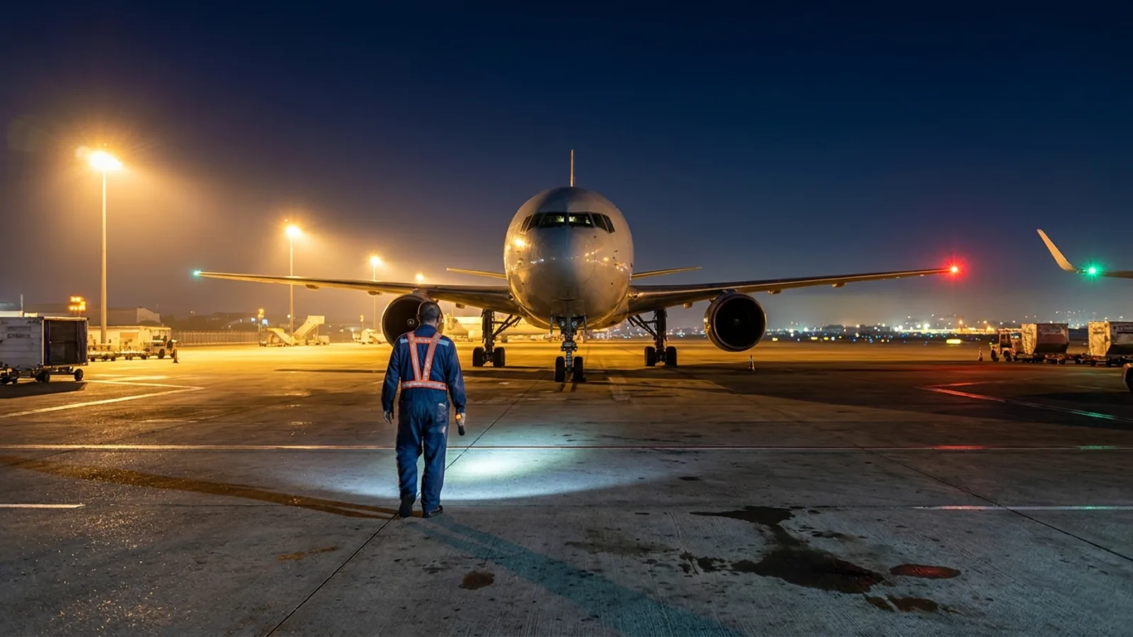 A line mechanic with a flashlight walking toward a jet parked at a gate under floodlights at night