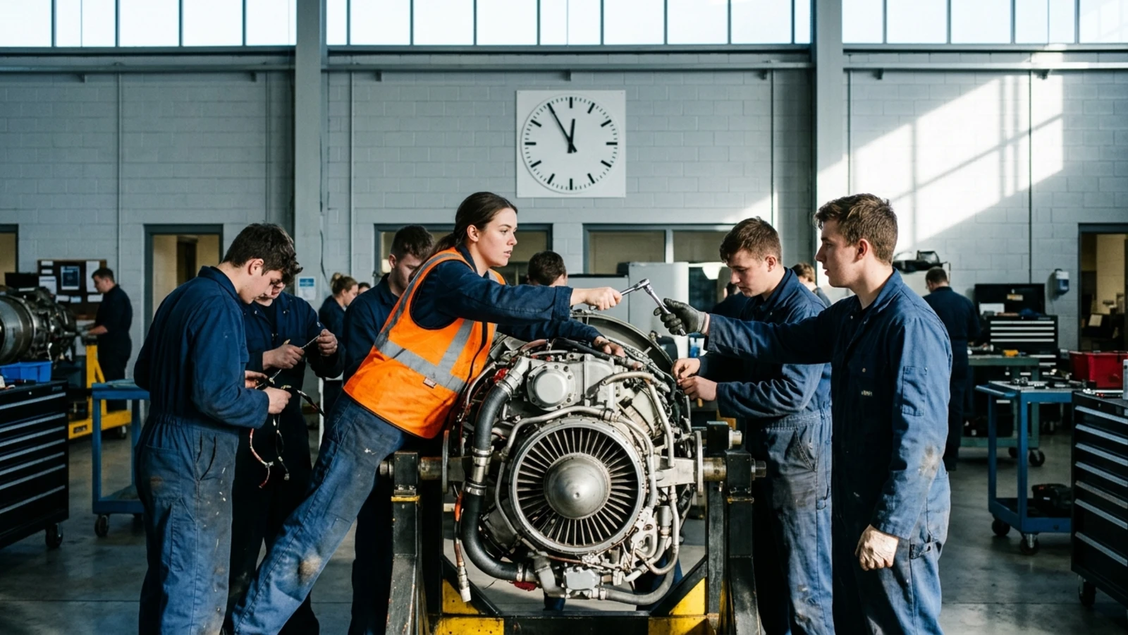 Aviation maintenance students working quickly around an engine on a stand beneath a wall clock in a day-shift shop