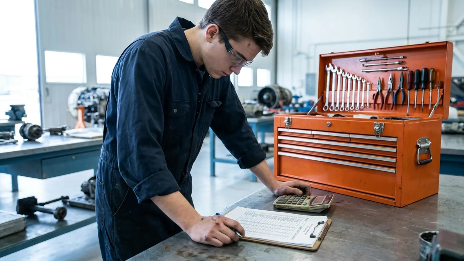 A student reviewing a tuition budget sheet on a clipboard at a workbench beside an open toolbox