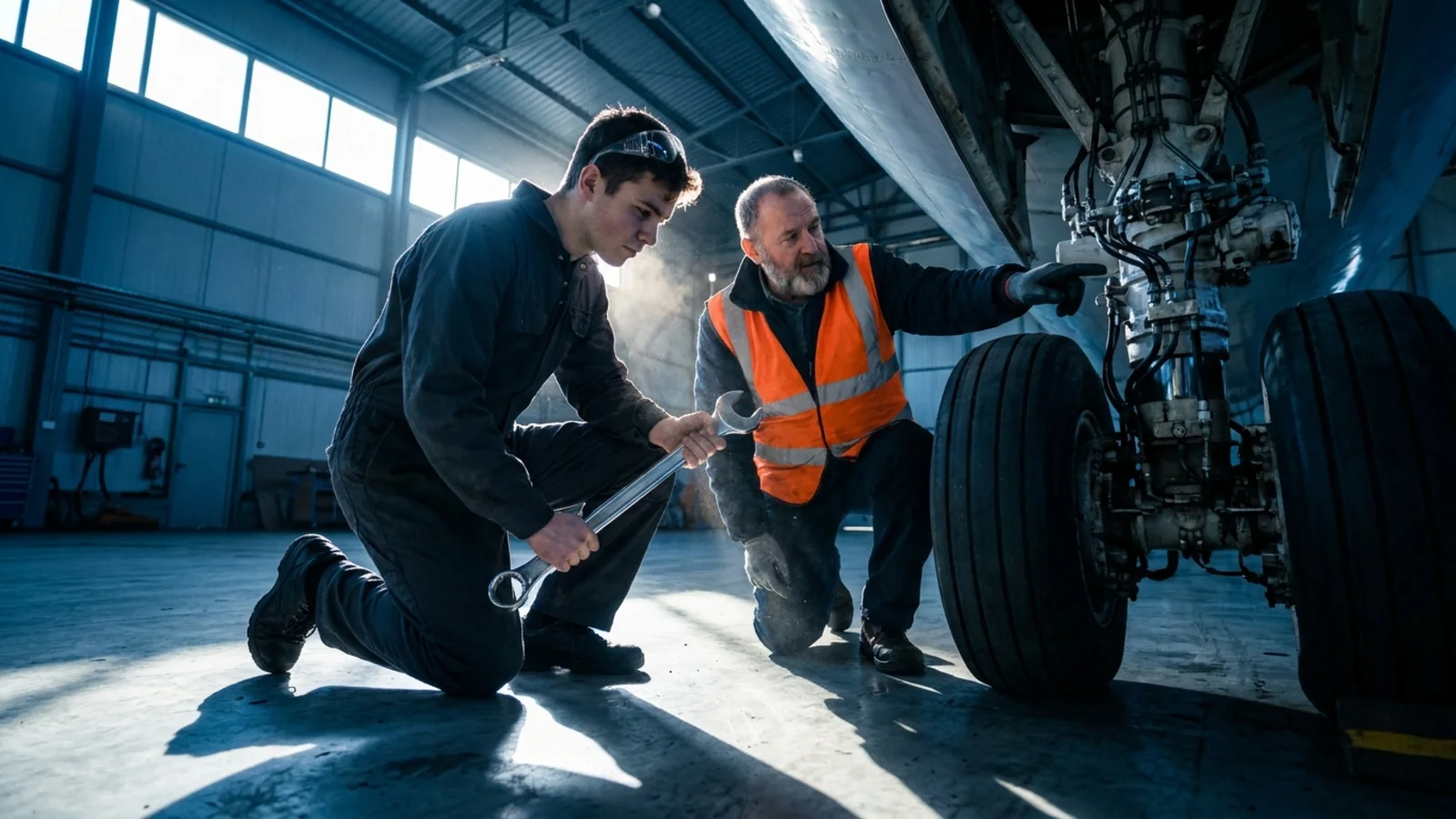 An apprentice and a mentor kneeling together to inspect an aircraft's landing gear on a hangar floor