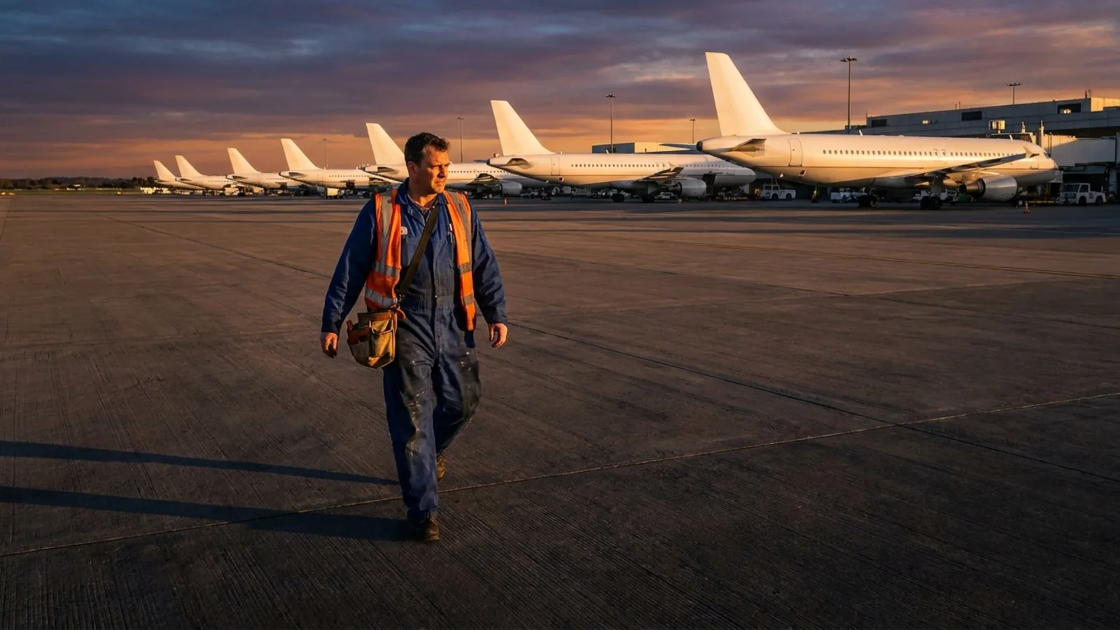 A mechanic with a tool bag walking across an airport ramp toward a row of parked aircraft at golden hour
