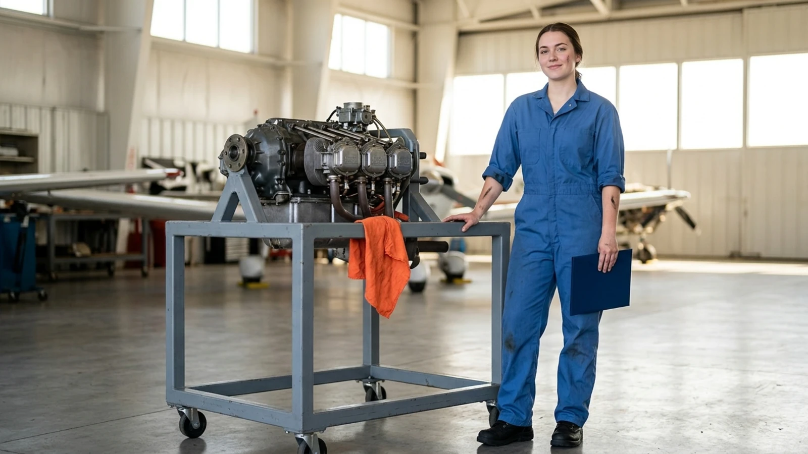 A student holding a blank diploma folder beside a training engine mounted on a stand in a hangar