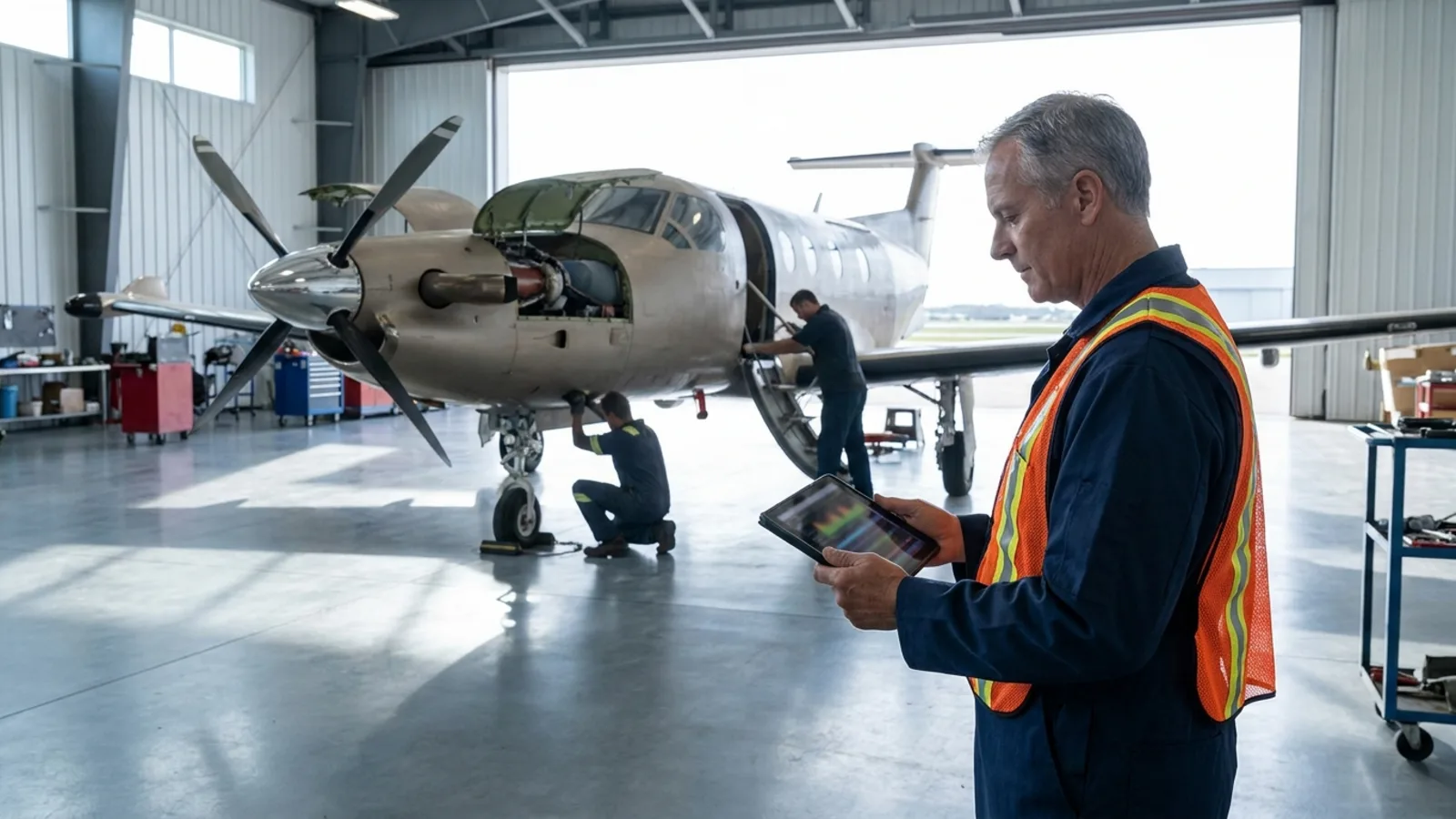 A maintenance supervisor holding a tablet on a hangar floor while mechanics work on an aircraft behind him