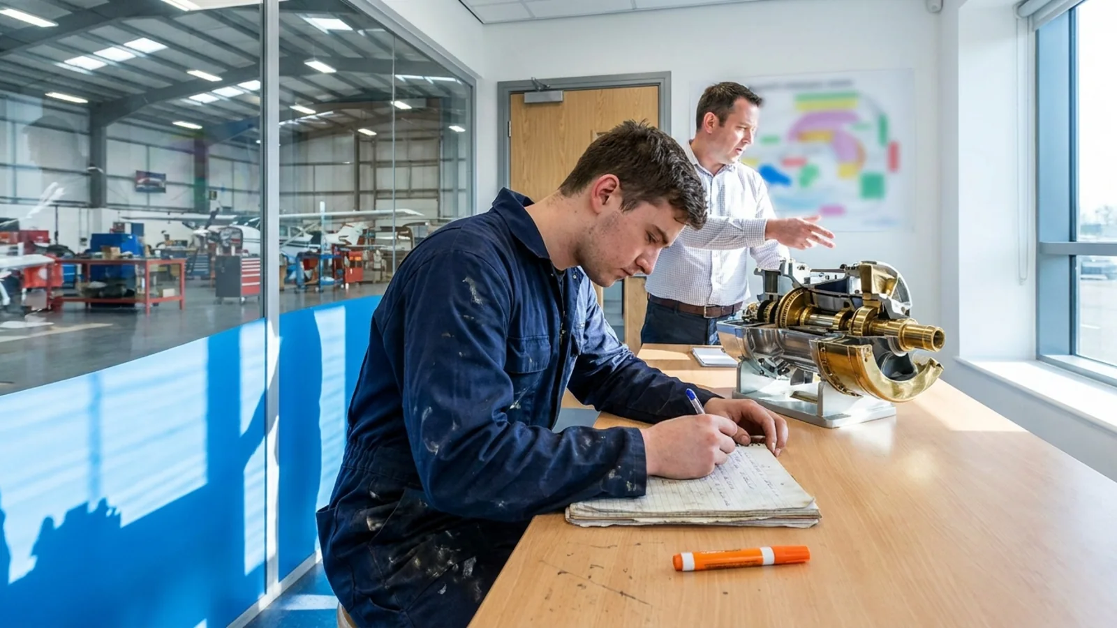 A student taking notes beside a cutaway engine model while an instructor gestures toward a wall diagram
