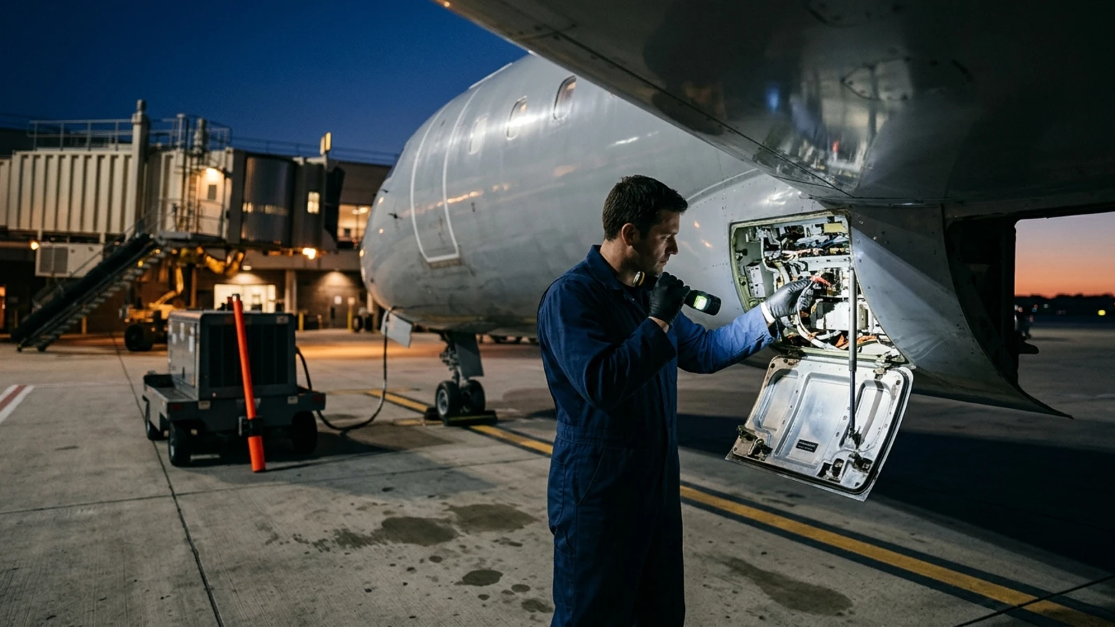A mechanic inspecting an open panel under the wing of a regional jet at a gate at dusk