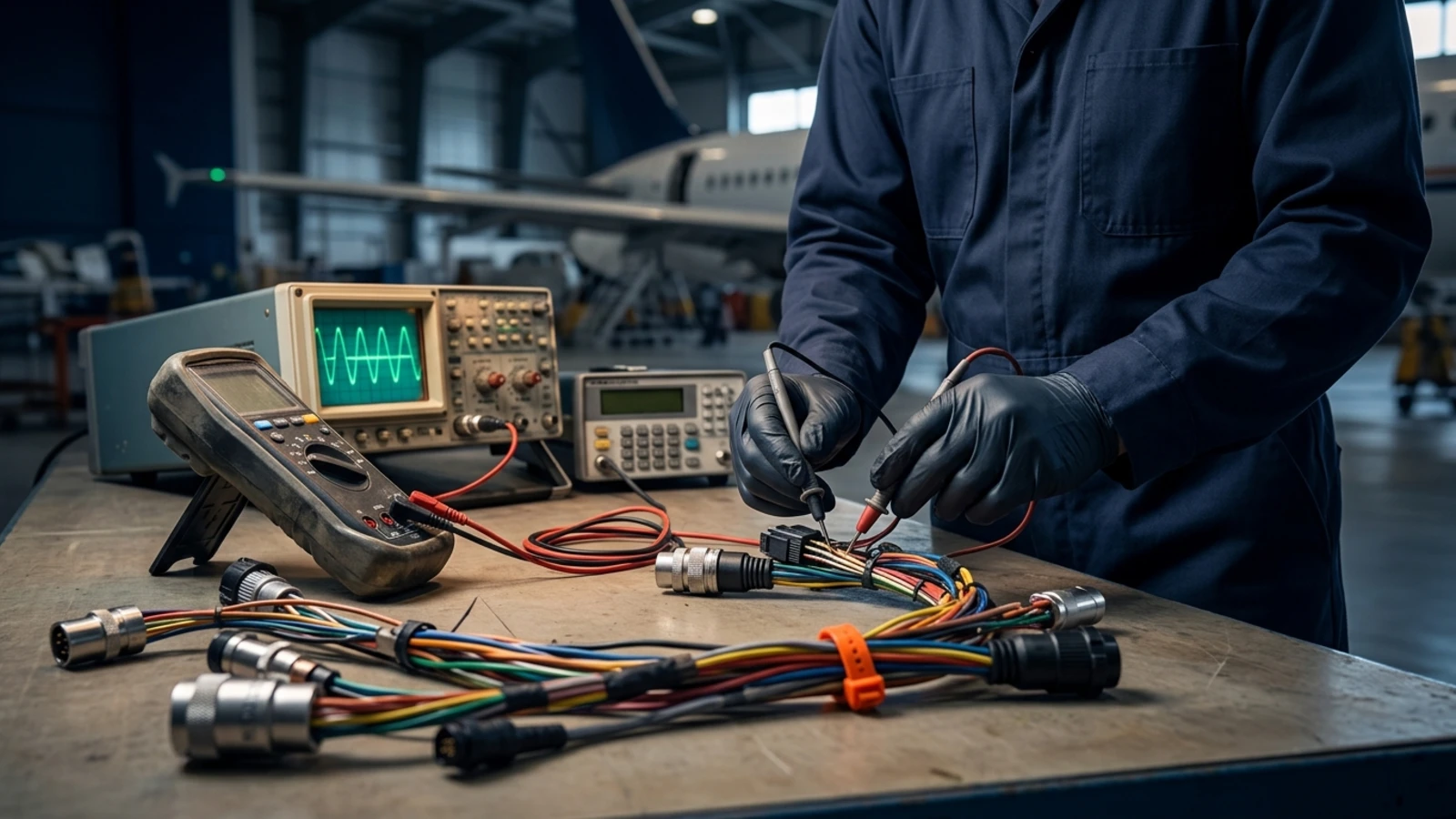 A technician's gloved hands probing a wiring harness connector with a multimeter on an avionics workbench, an oscilloscope waveform glowing nearby