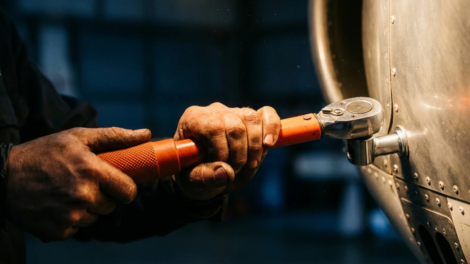 Close-up of a mechanic's hands torquing a bolt on an aircraft engine cowling with a torque wrench