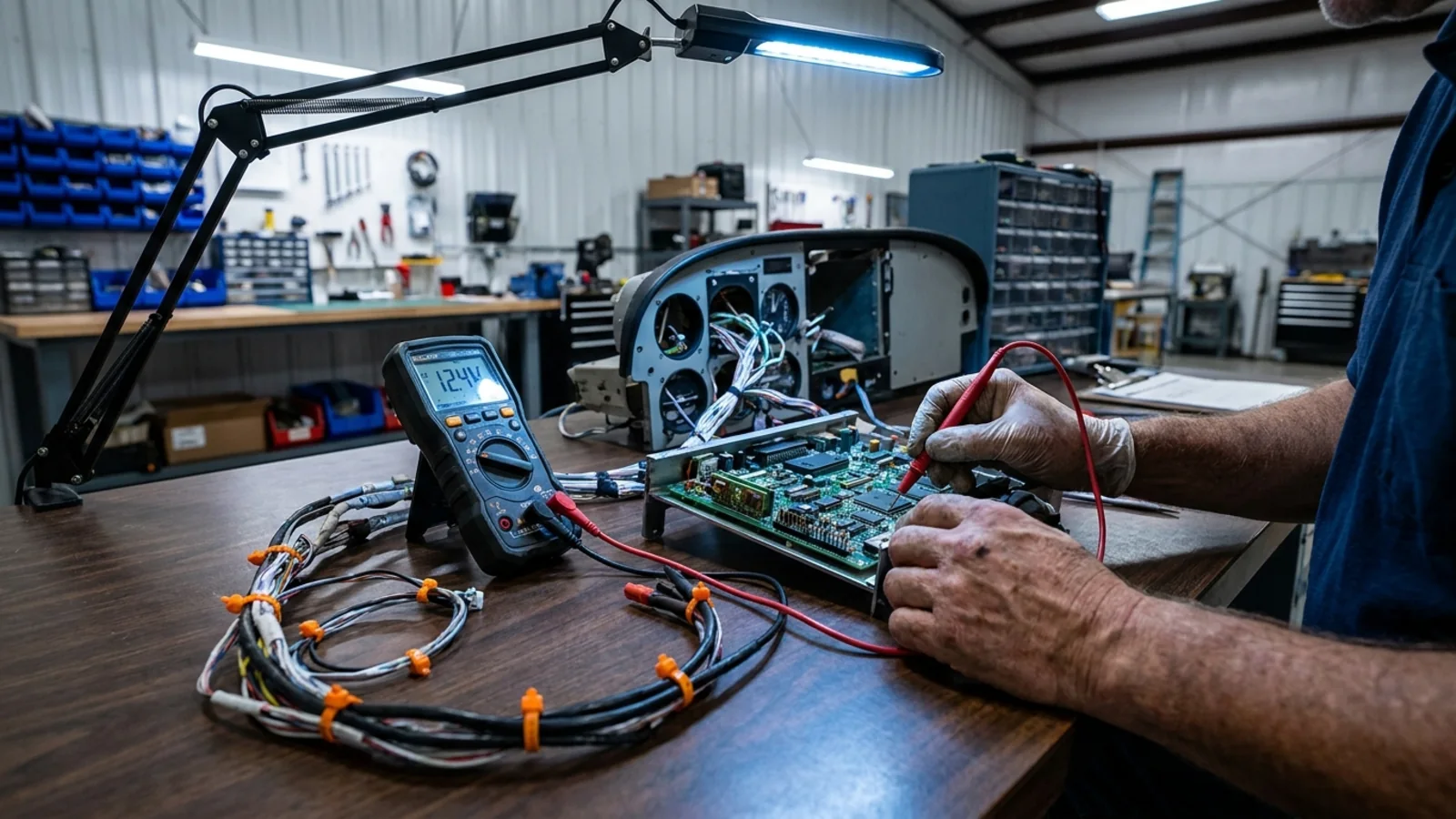 An avionics technician probing a circuit board with a multimeter at a bench with an open cockpit instrument panel