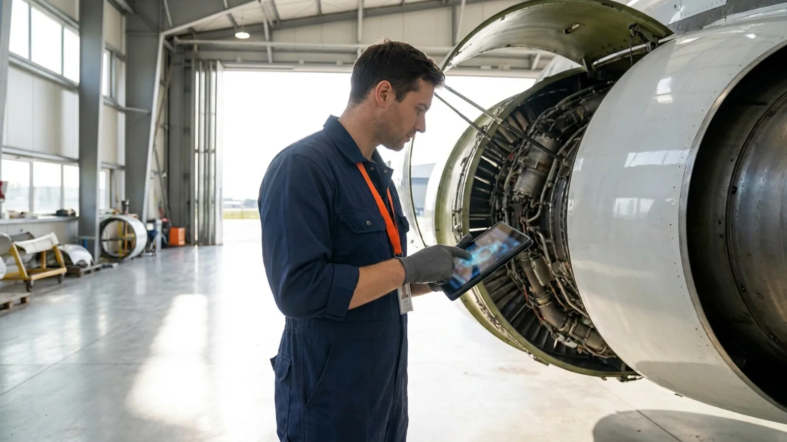 A technician reading a maintenance manual on a tablet beside an open aircraft engine cowling