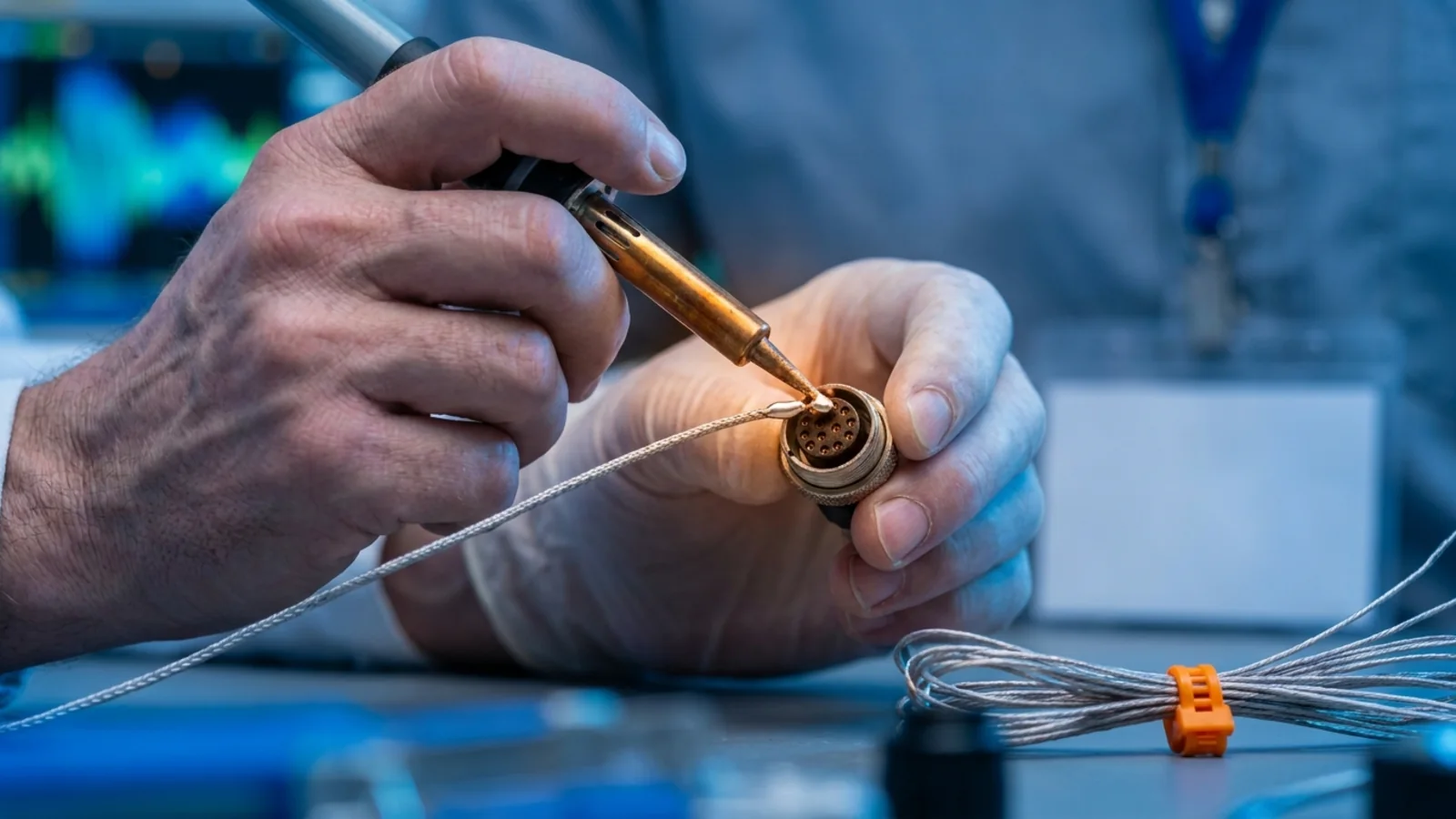 Close-up of a technician soldering a wire connector at an avionics test bench