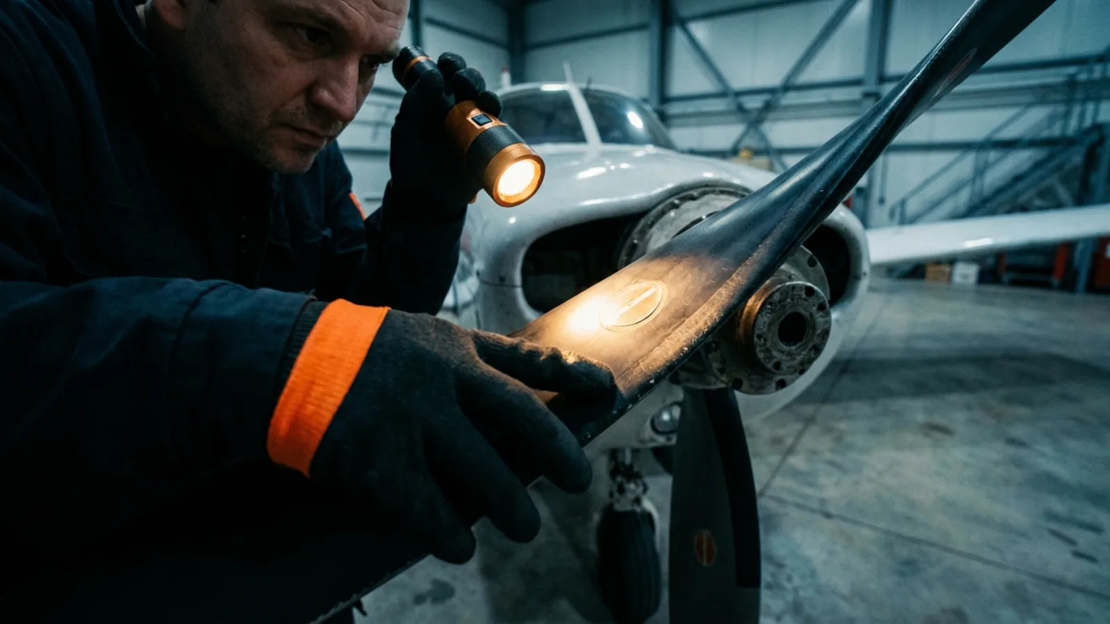 A mechanic inspecting a propeller blade's leading edge with a flashlight