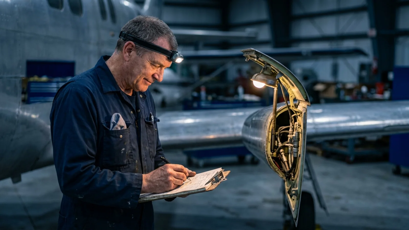 A senior mechanic signing off a logbook page at an aircraft's open inspection panel