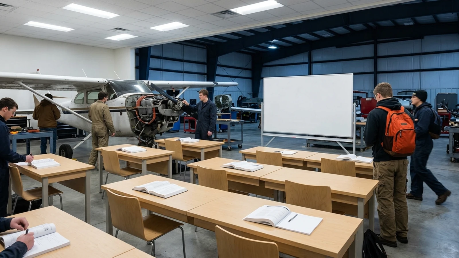 Aviation maintenance students at classroom desks with open textbooks near a training aircraft in a community college hangar