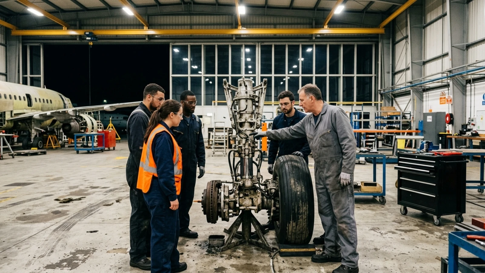 Adult students gathered around an aircraft landing gear assembly under work lights in a hangar lit up after dark