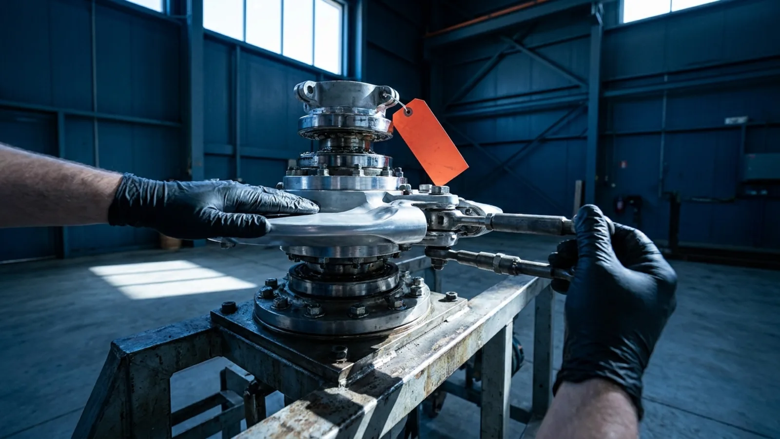 A mechanic's hands inspecting the swashplate and pitch links of a helicopter rotor head on a maintenance stand