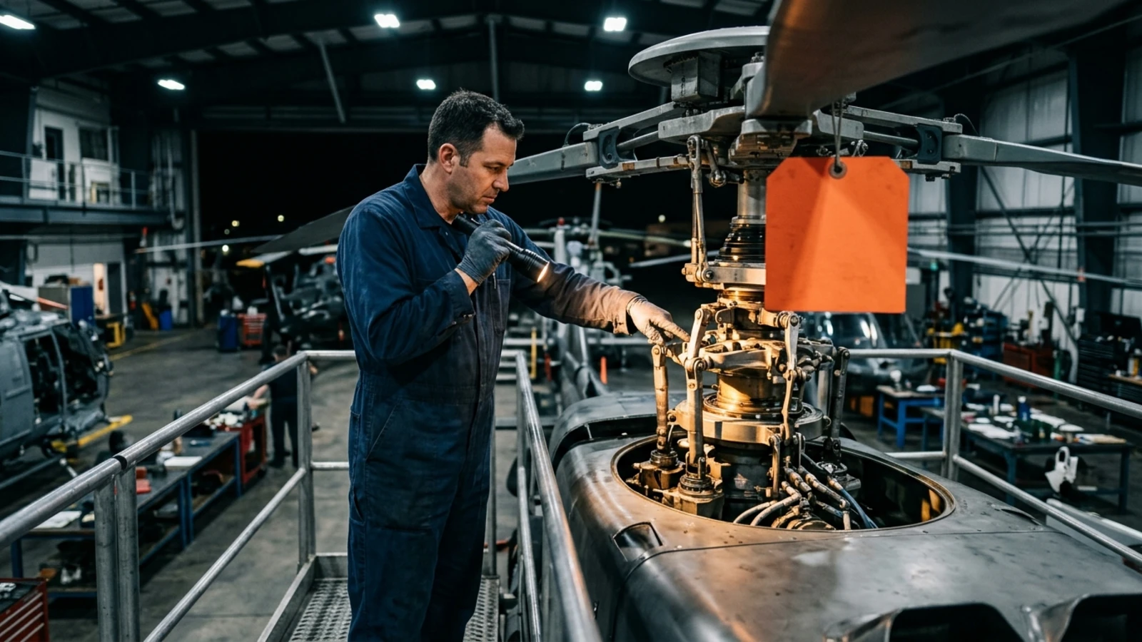 A mechanic inspecting a helicopter's exposed rotor head with a flashlight inside a hangar