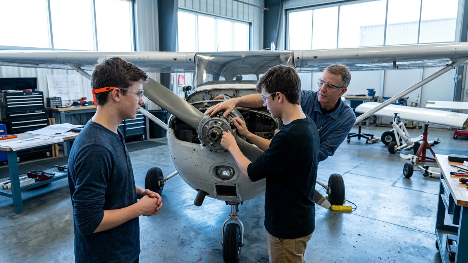 Two teenage students in safety glasses working with an instructor on a training aircraft's propeller hub