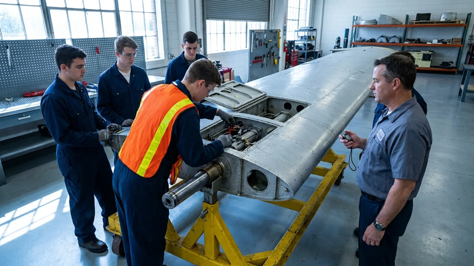 A group of aviation maintenance students working on an aircraft wing section while an instructor times a hands-on task