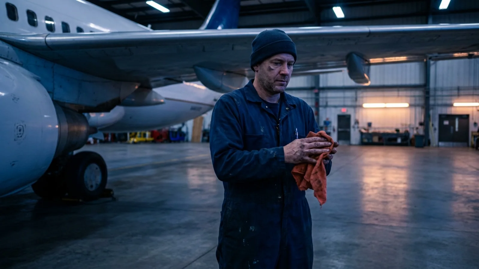 A mechanic pausing under an aircraft wing at dusk while wiping his hands with a rag