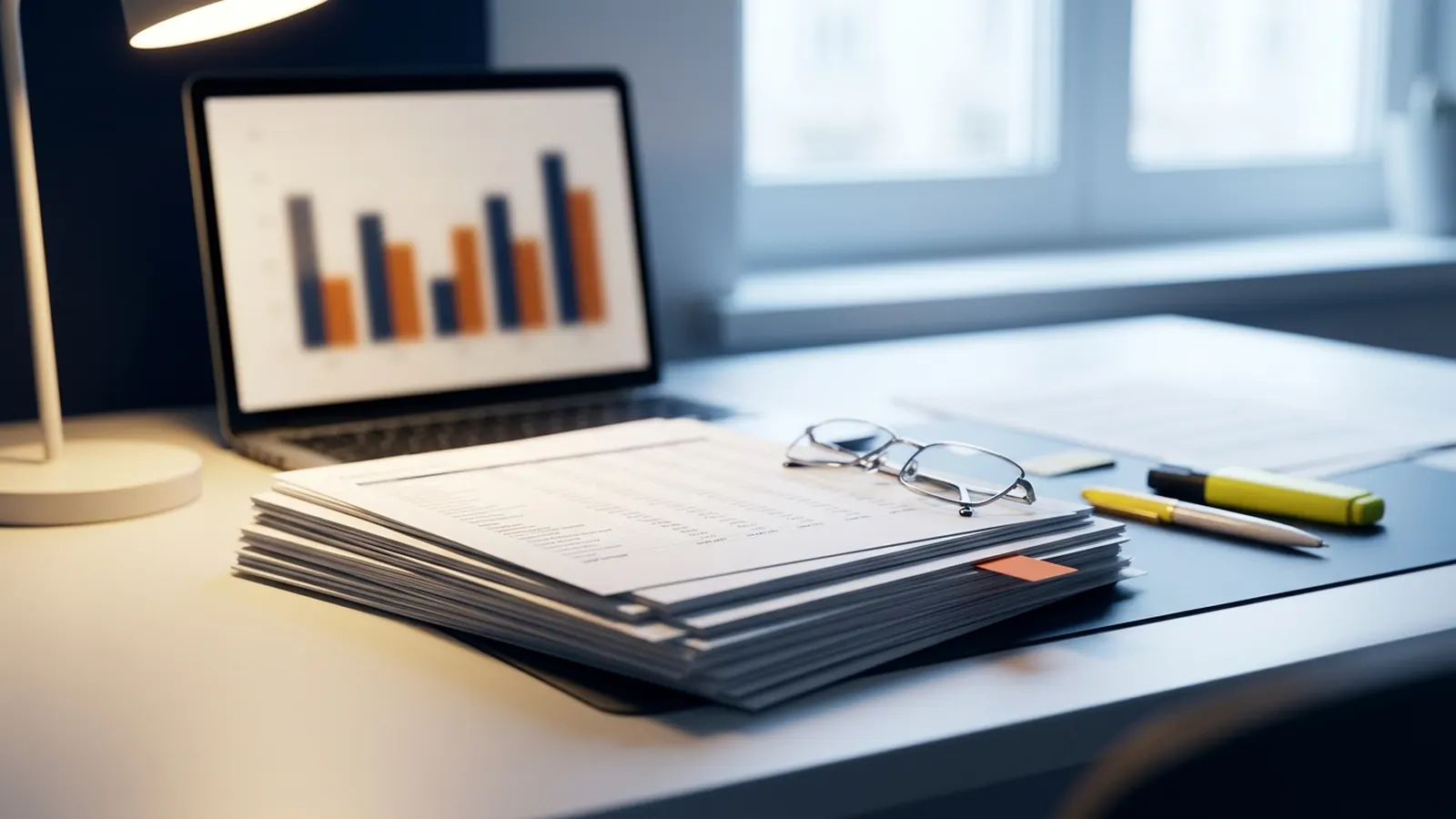 A stack of printed documents and a laptop showing a bar chart on a data desk