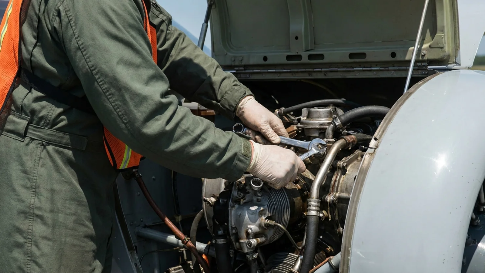 A maintainer in an orange safety vest working inside the open engine cowling of a propeller aircraft on a flight line