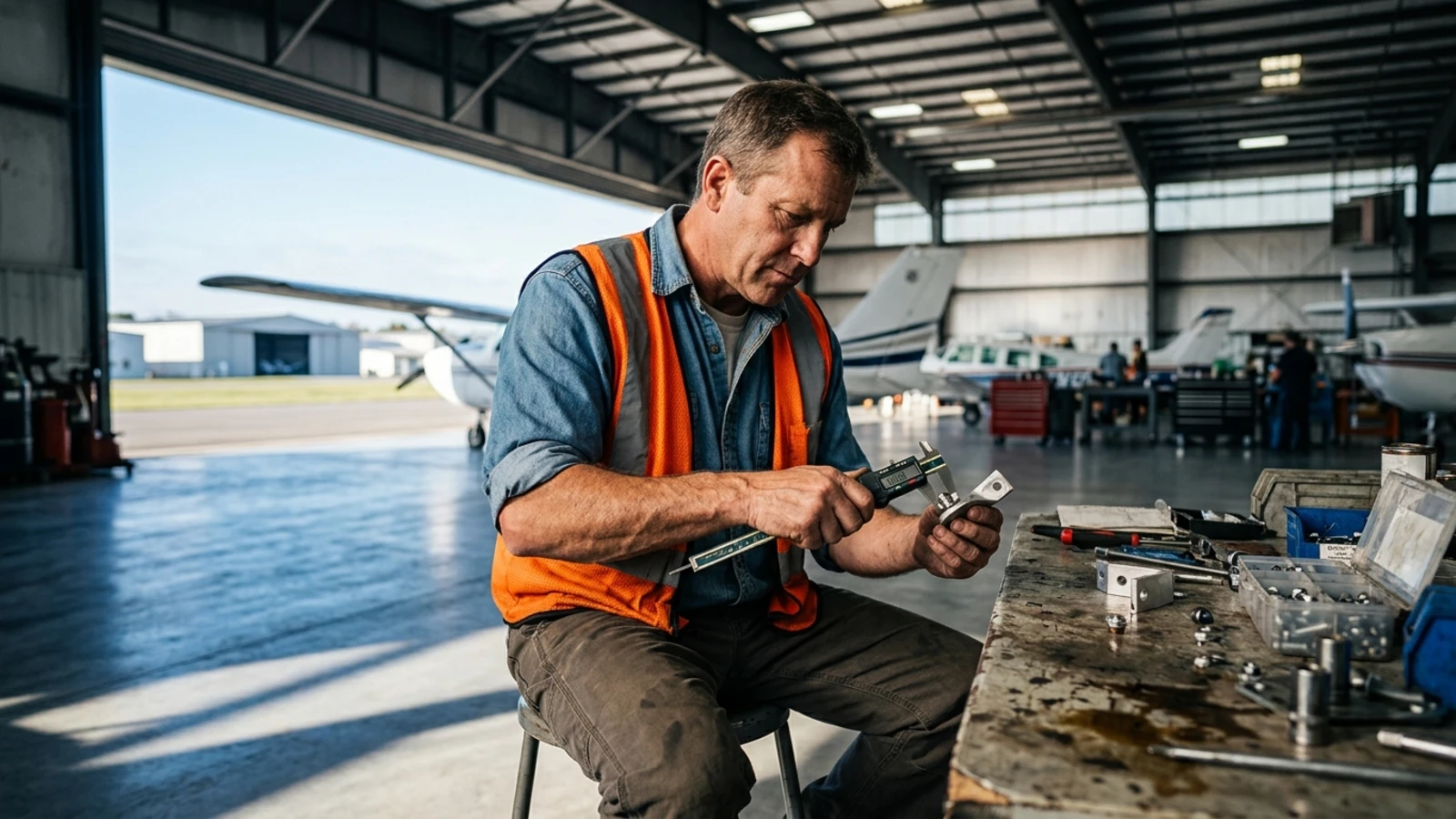 A veteran-aged aviation maintenance student in a plain safety vest checking a part with a caliper at a hangar workbench