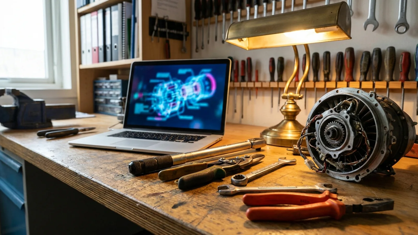 A laptop showing a glowing engine diagram next to real aircraft hand tools and a disassembled engine part on a workbench